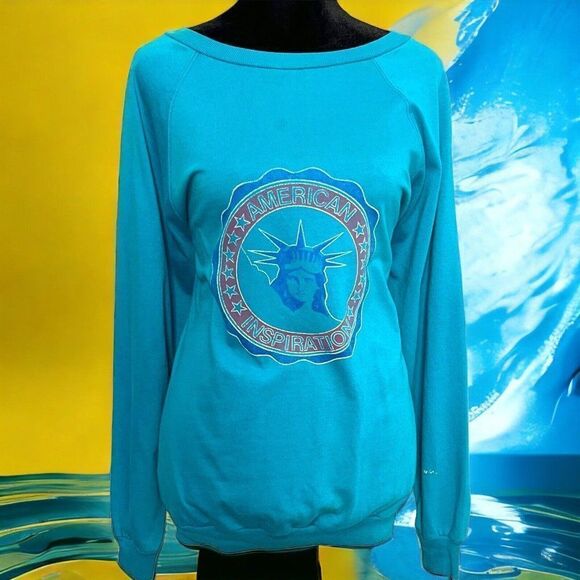 American Inspiration Women's Turquoise Sweatshirt Size L Retro Statue Of Liberty - Picture 1 of 13